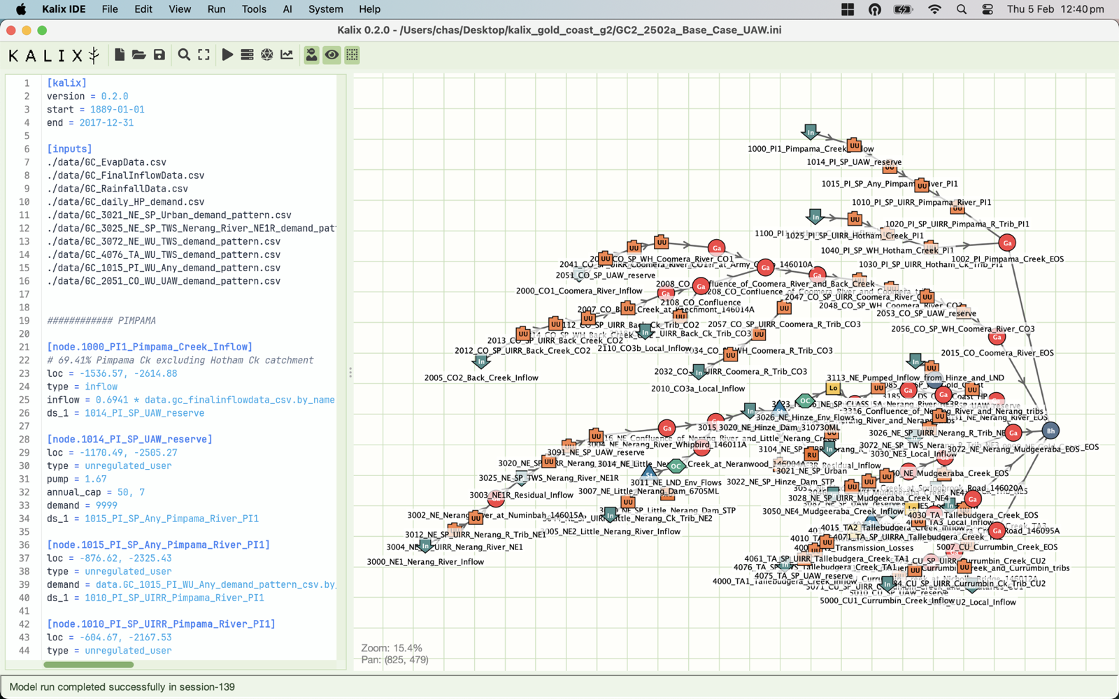 Kalix IDE showing a plain-text model and its network schematic